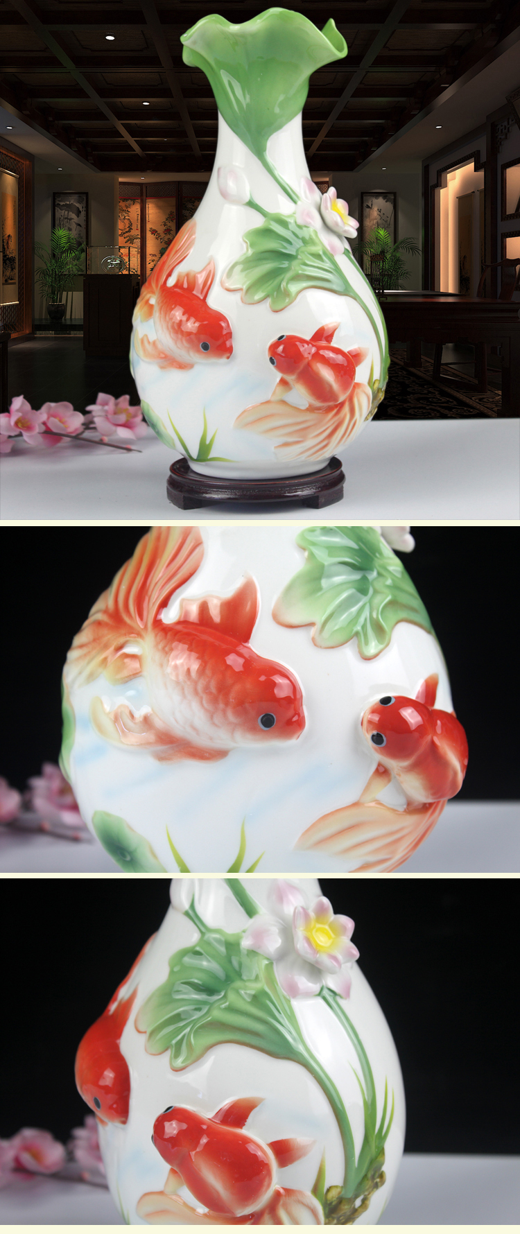 2022新款烧制陶瓷荷花盆景德镇陶瓷器花瓶摆件法兰瓷浮雕荷花金鱼客厅