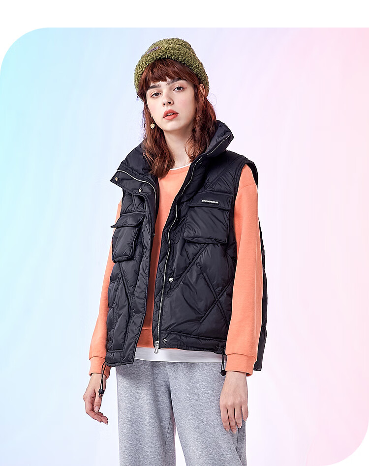 三福冬季女少女百搭双口袋设计马夹时尚立领上衣女444341 杏色 155