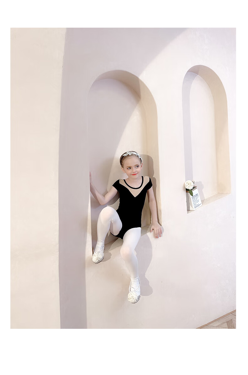 儿童舞蹈服夏季短袖黑色女童考级暗扣开档幼儿练功服女孩练舞衣 豆绿