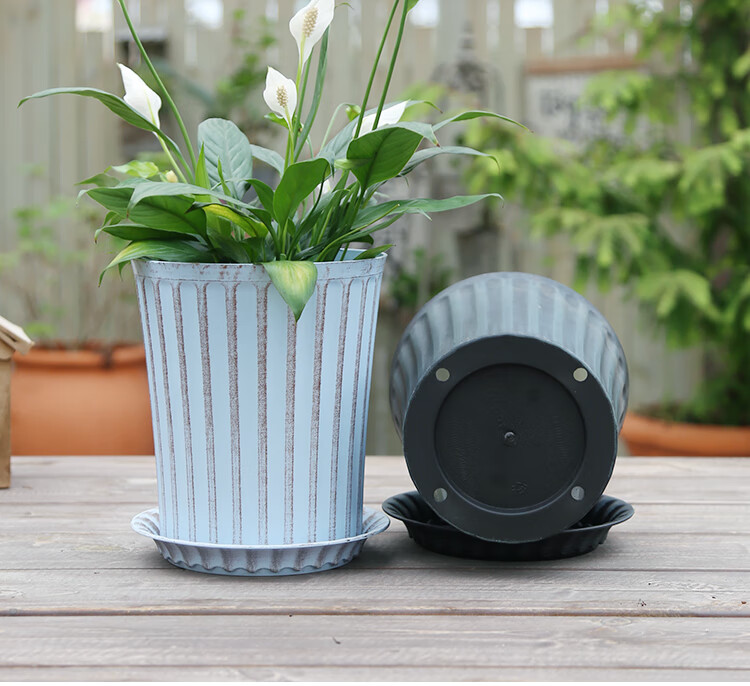 环球复古k盆竖条纹塑料花盆北欧简约家庭百搭透水透气轻便耐用4个装