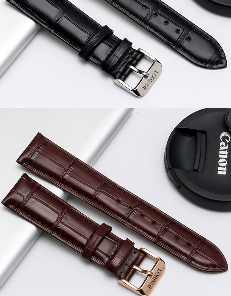 罗宾尼手表带男真皮牛皮表带代用蝴蝶扣纯皮表链女16/20m 黑色白线