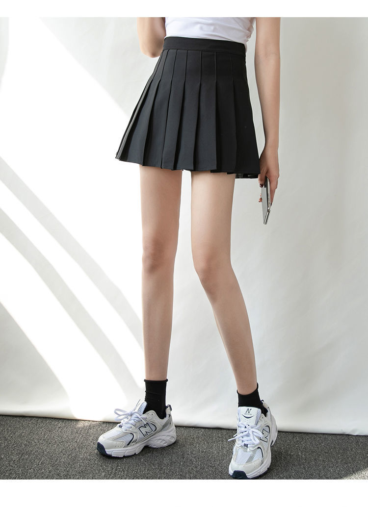黑色高腰百褶裙带安全半身裙女短裙学生夏季百搭a字裙时尚 白色 (带