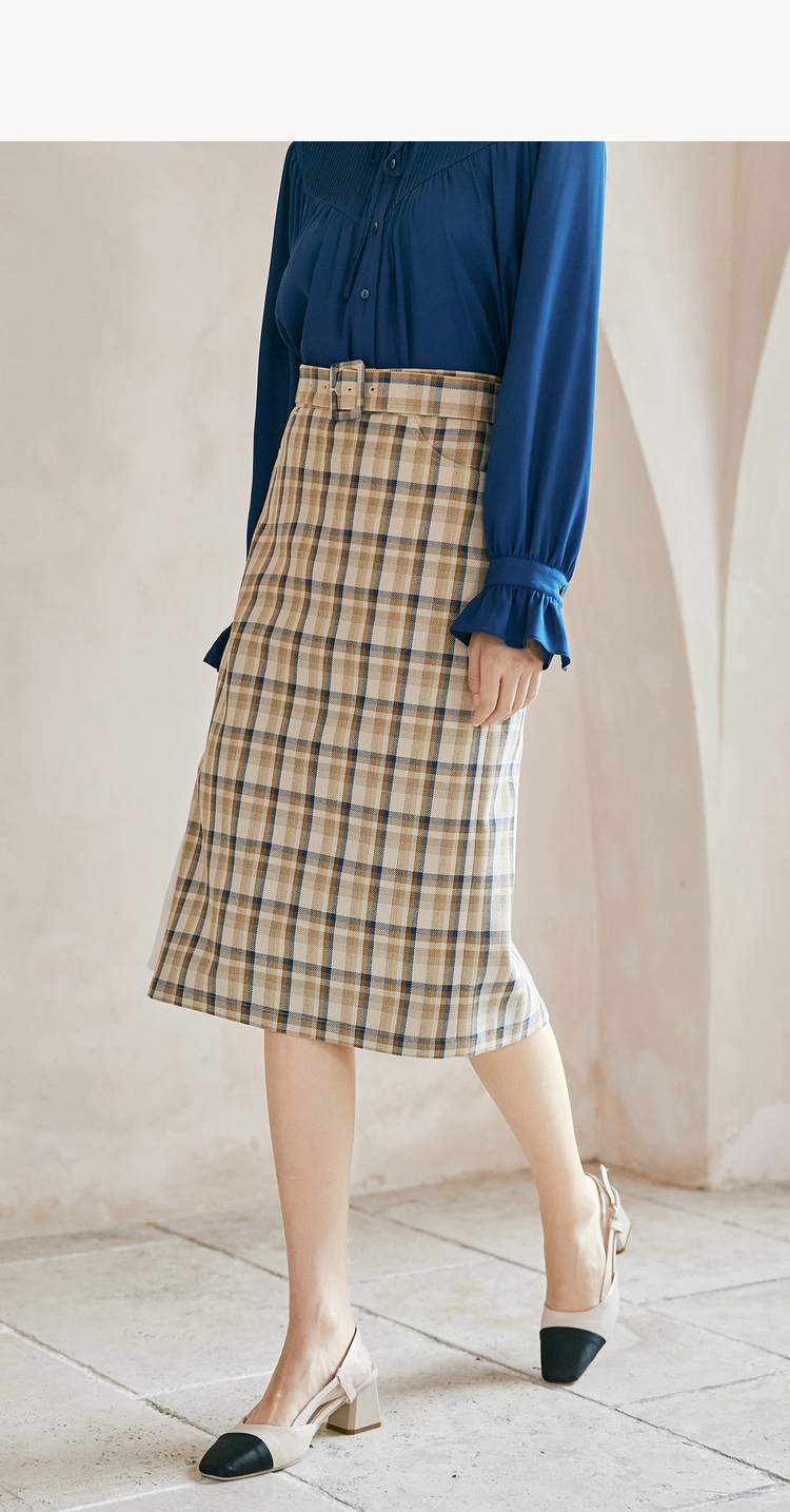 伊芙丽格子半身裙女2021秋季新款复古气质高腰中长裙卡其色17072axl