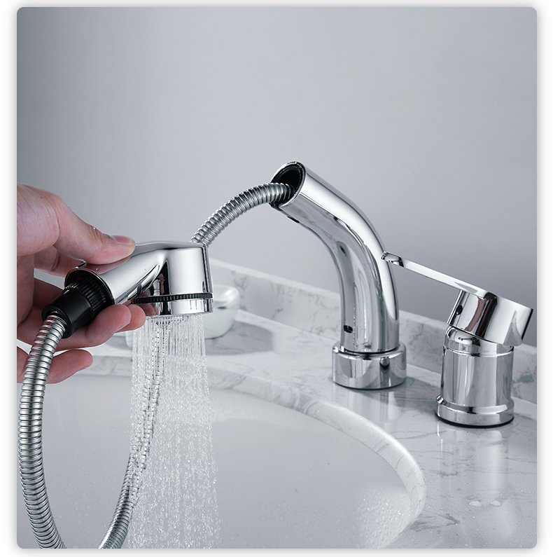 水龙头可伸缩升降台盆洗脸盆台盆冷热水龙头银色分体双孔龙头60厘米管