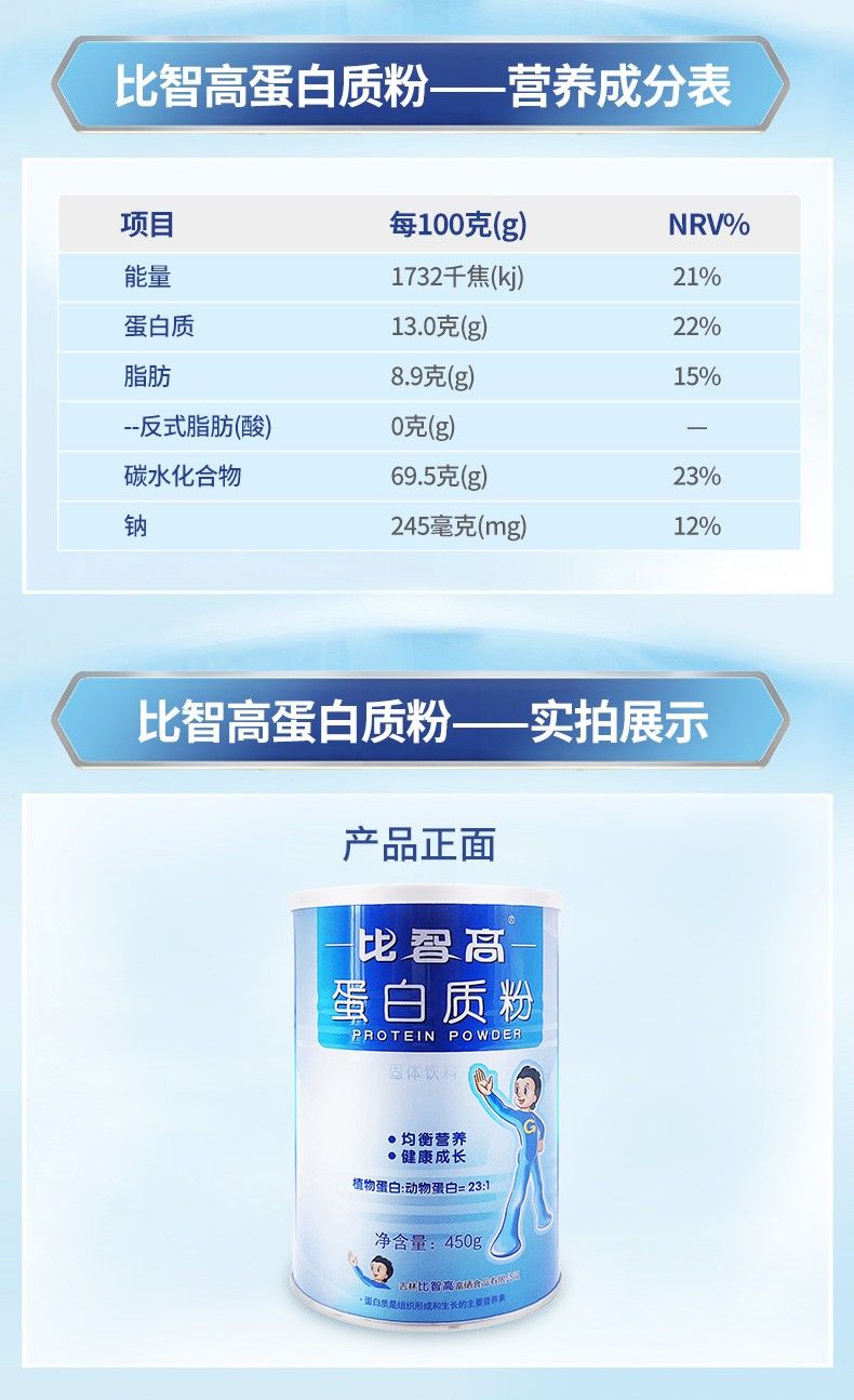 学生营养乳清大豆植物蛋白粉标准装c 比智高蛋白质粉450克*1桶【图片