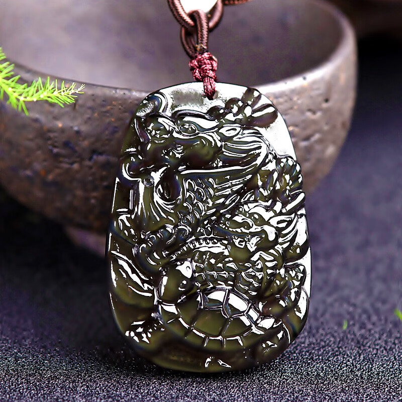 珒福源黑曜石吊坠生肖龙吉祥物四灵聚合水晶四神兽项链男女饰品