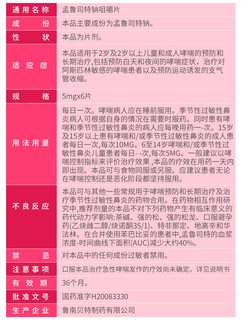 孟鲁司特小儿用法用量图片