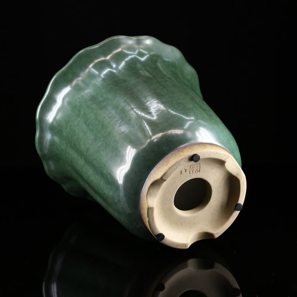 新款精品宜兴名家秦夕洪筋纹段泥柴烧绿釉面金钟兰花盆景盆 段泥柴烧