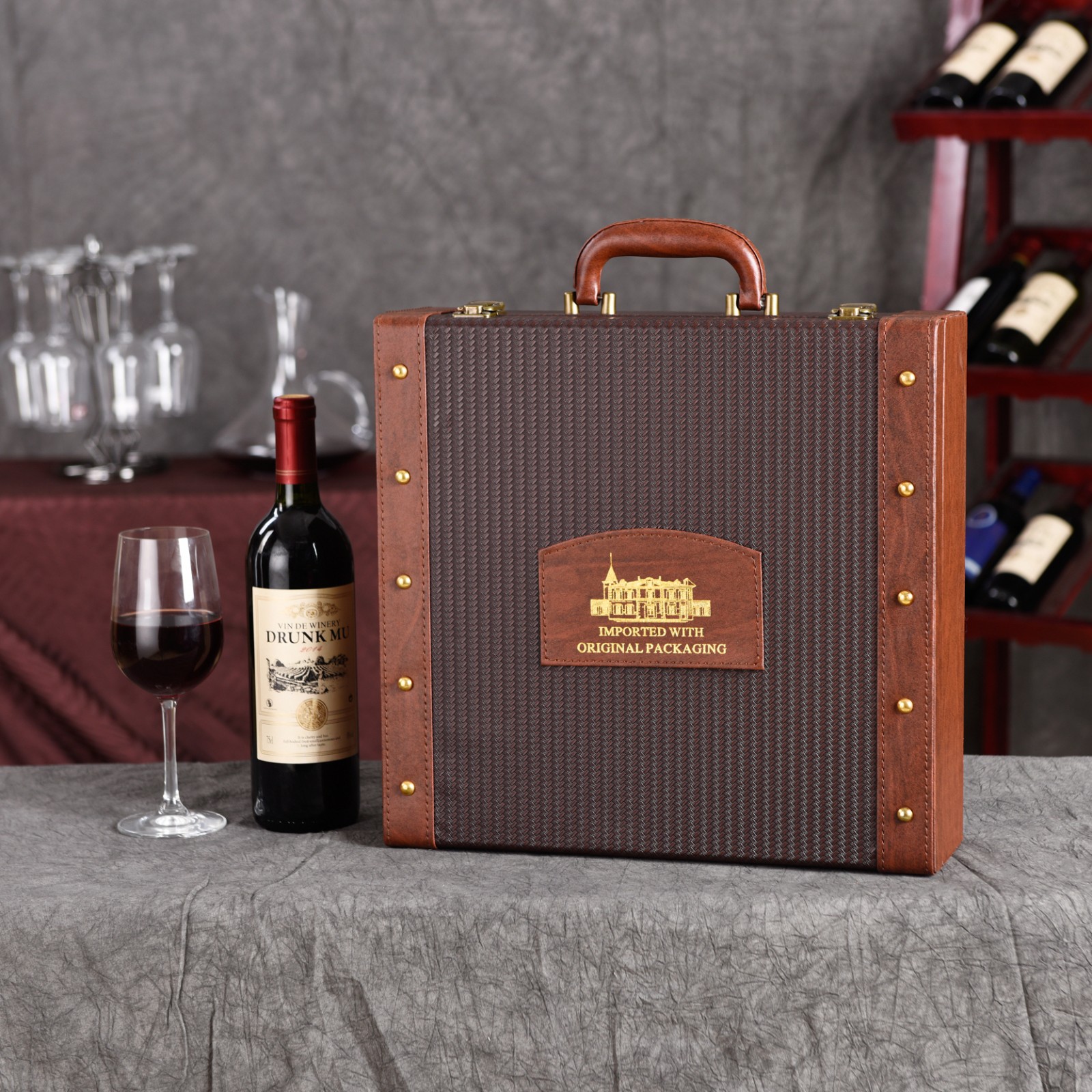 双支红酒包装盒礼盒车载便携含酒杯葡萄酒皮箱红酒盒子定做款式6