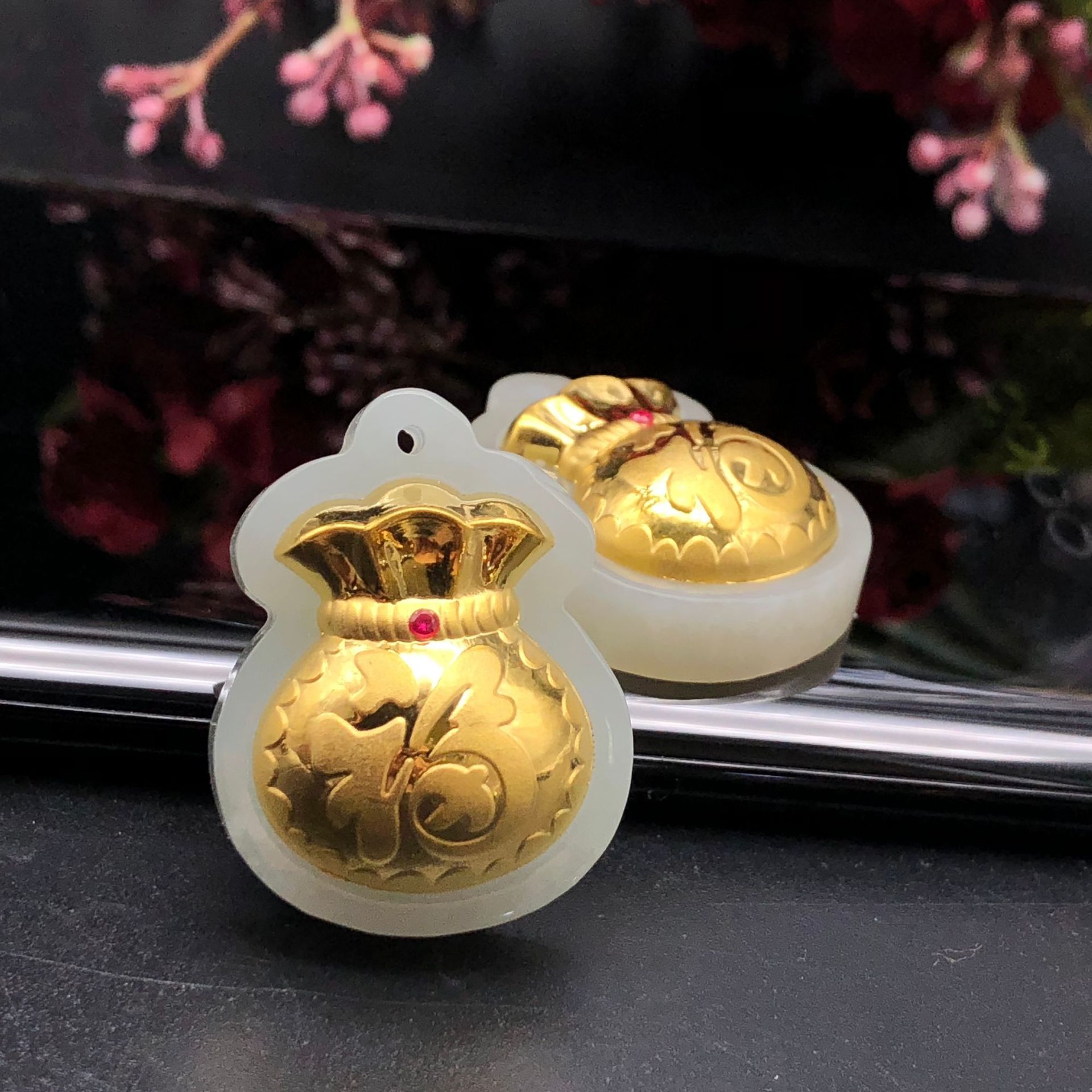 老凤凰款金加厚4d足金和田玉吊坠4d大宝石福袋金镶玉礼品接受定制工厂