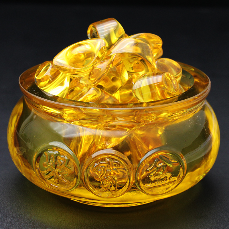 琉璃金元宝黄色水晶聚宝盆摆件米黄玉招财办公桌桌面饰品风水聚财小号