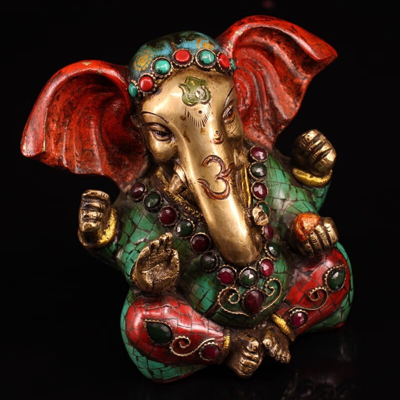 铜人艺巷尼泊尔工艺全铜手工镶嵌宝石彩绘象鼻财神铜像家居店铺会所