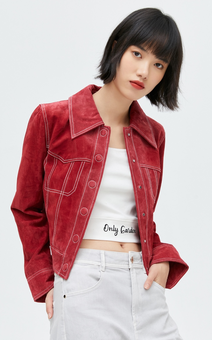 only春季新款短款时尚休闲修身显瘦明线装饰皮衣女121310012e12驼色