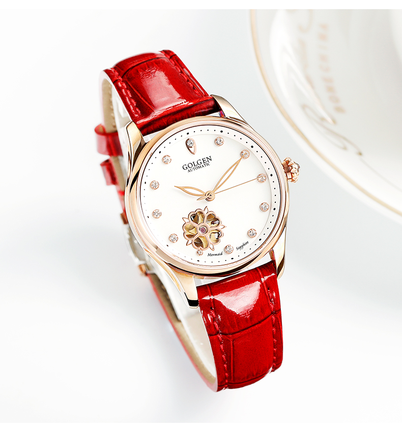 七夕礼物古尊golgen手表女美人鱼皮带全自动机械表时尚镂空镶钻名牌女