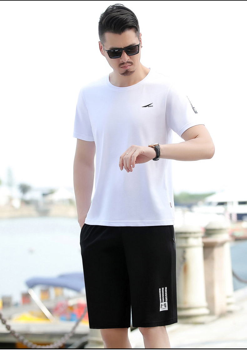 短衣短裤套装男夏季薄款中年爸爸夏装休闲短袖t恤宽松跑步运动服 黑色