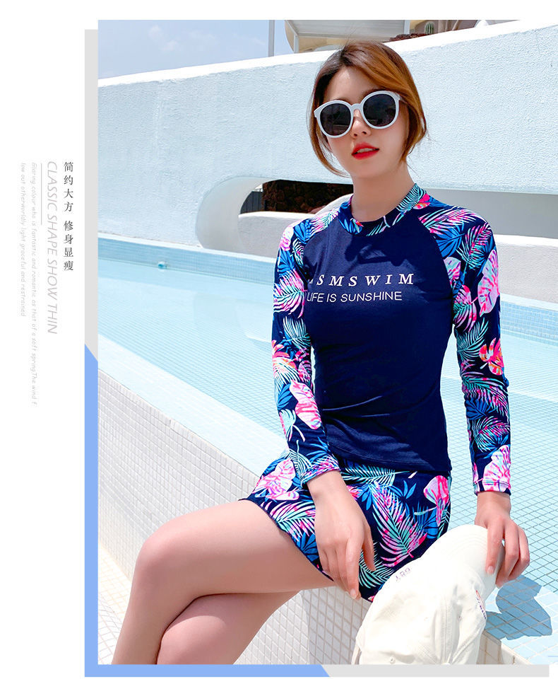 乐游泳衣女学生运动风分体两件套平角短袖温泉小胸聚拢显瘦保守泳装