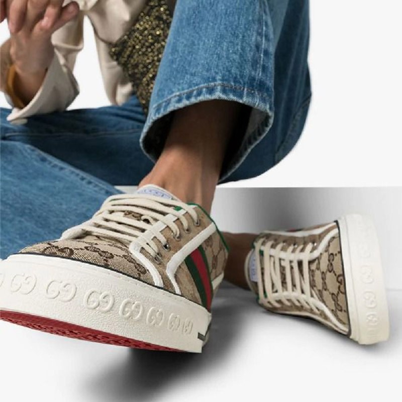 古驰男士低帮休闲鞋 古奇1977系列复古系带低帮板鞋 双g印花帆布运动