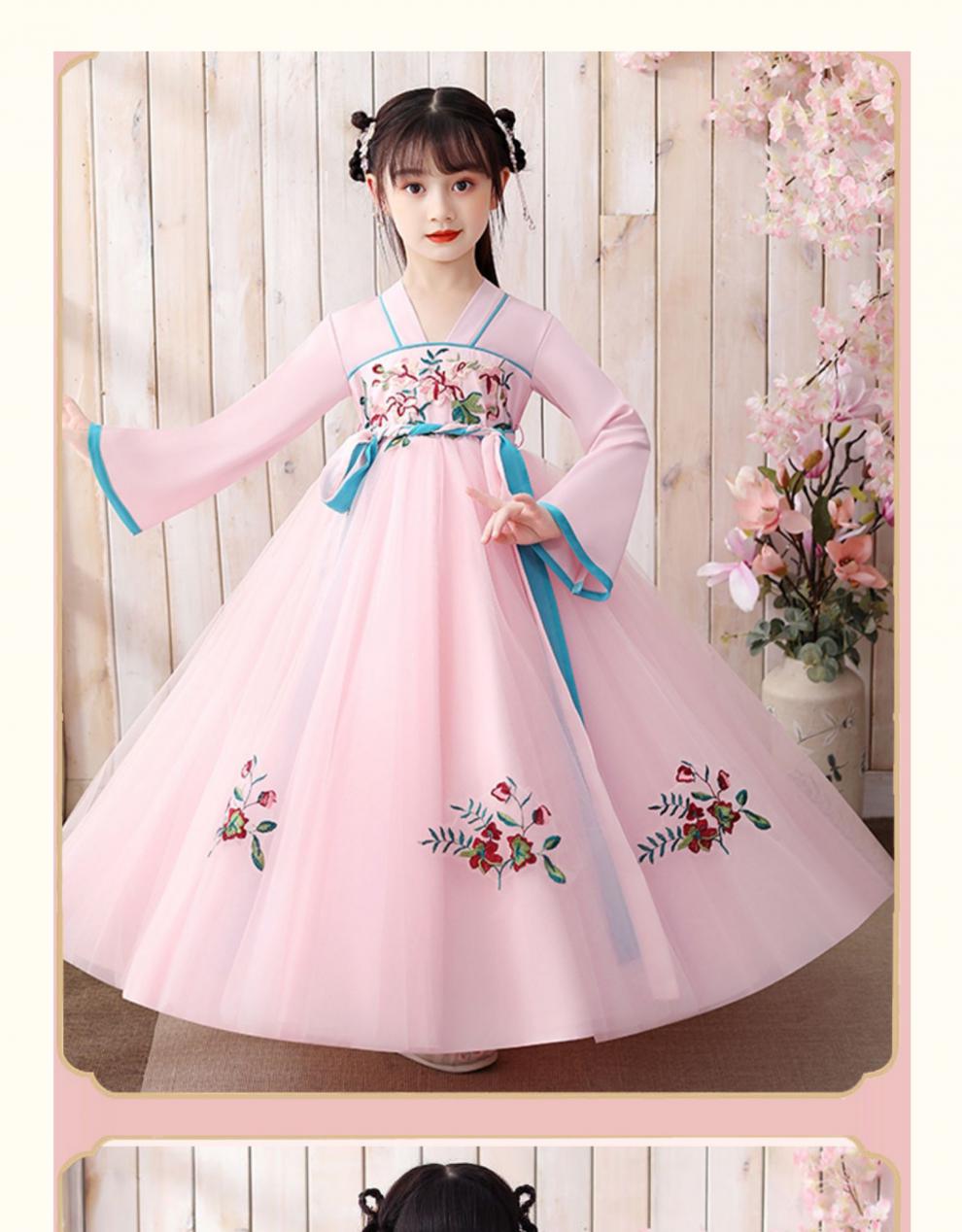 古风襦裙连衣裙仙气樱花公主古装女秋季小孩子穿的粉色三件套110cm