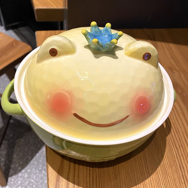 韩式陶瓷泡面碗可爱带盖双耳面碗卡通青蛙女学生大碗宿舍家用汤碗青蛙