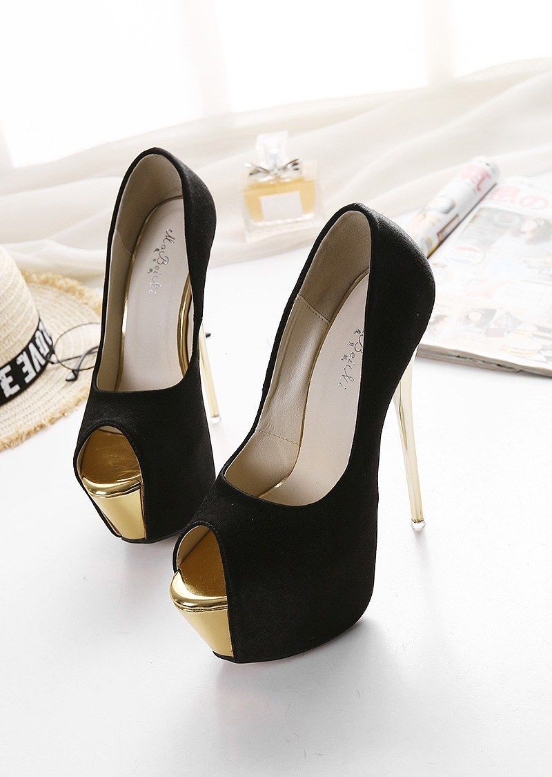 畅印16cm恨天高高跟鞋鱼嘴单鞋防水台黑色绒面模特走秀高跟鞋时尚凉鞋
