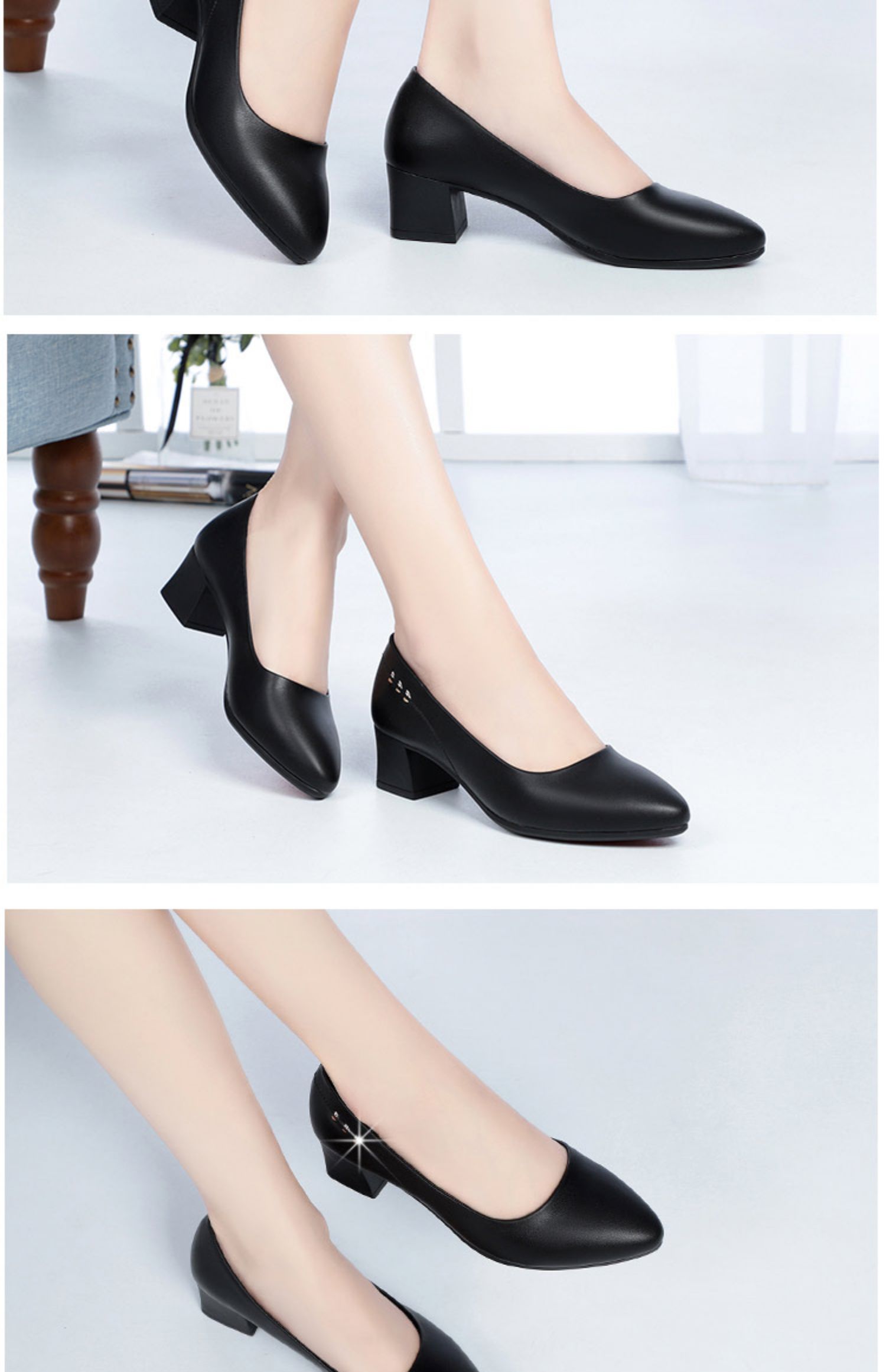 同款妈妈鞋单鞋真皮软底春秋季黑色工作鞋女中跟粗跟皮鞋舒适中年女鞋