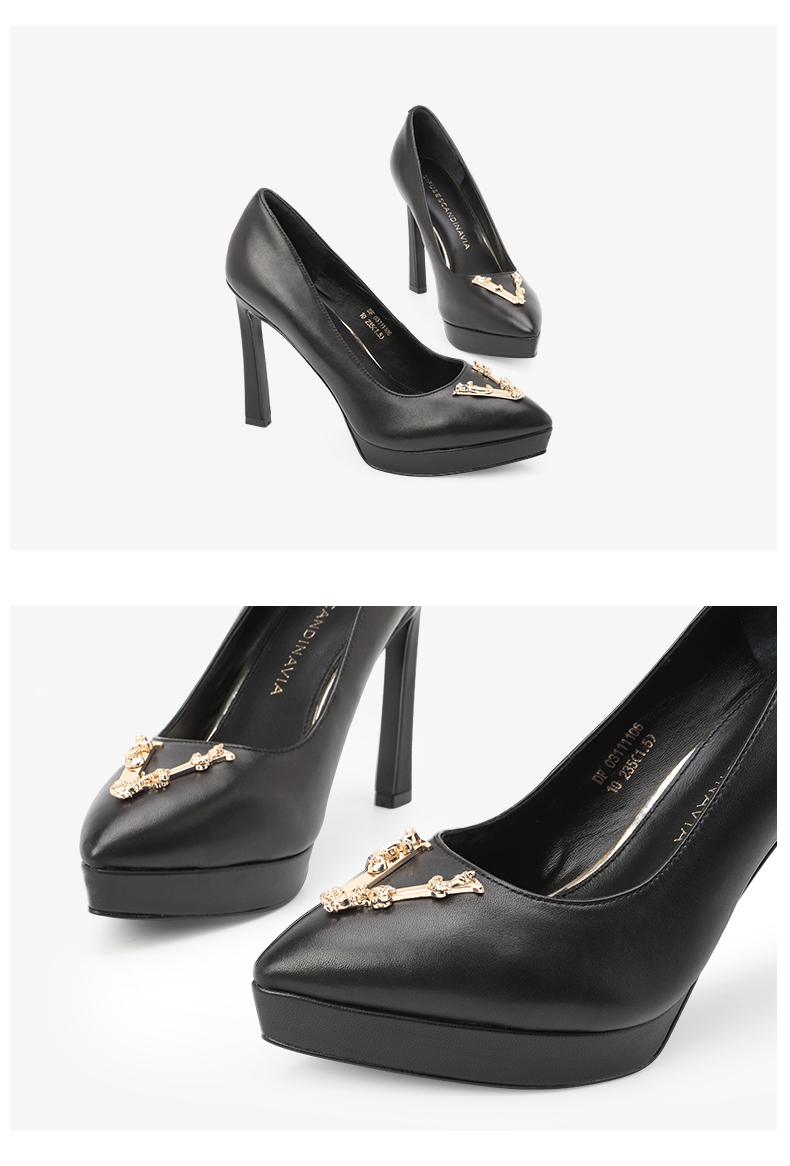 迪芙斯dfuse女鞋新款v型饰扣尖头细跟高跟鞋10黑色35