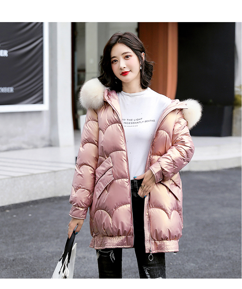 富贵鸟 棉服女中长款大毛领亮面加厚棉衣2021年新款韩版宽松棉袄外套