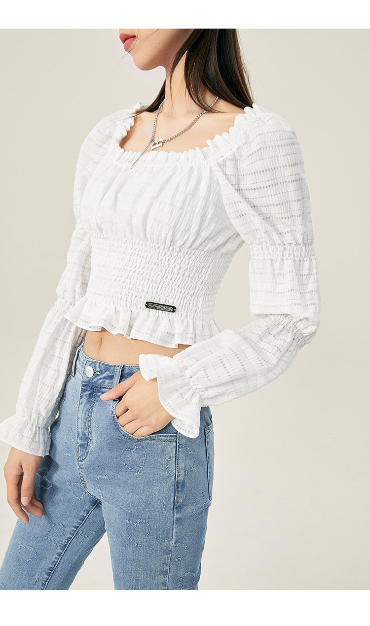 太平鸟superchina藕节袖衬衫上衣女2021夏季新款露肩长袖雪纺衫白色s