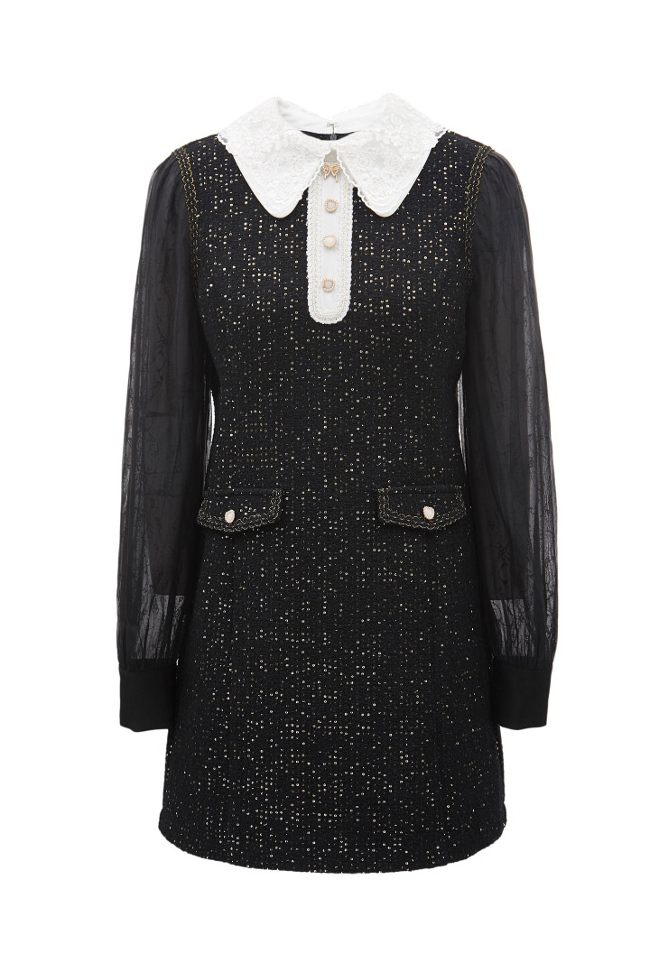 only2022春季新款收腰显瘦小香风气质长袖连衣裙女121307098c41天蓝