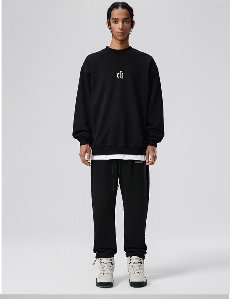 潮牌国潮ch无帽圆领卫衣男秋款重磅美式高街百搭情侣上衣cb字母 黑色