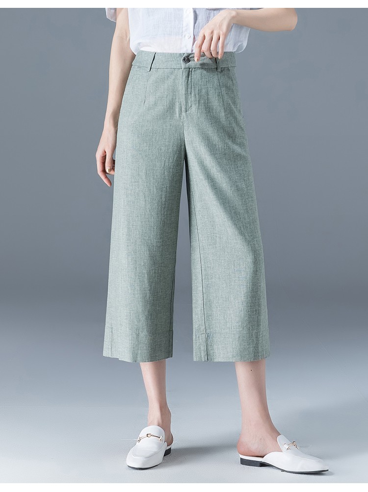 梦舒雅棉麻阔腿裤女夏七分小个子八分裤浅绿色亚麻裤子宽松休闲直筒