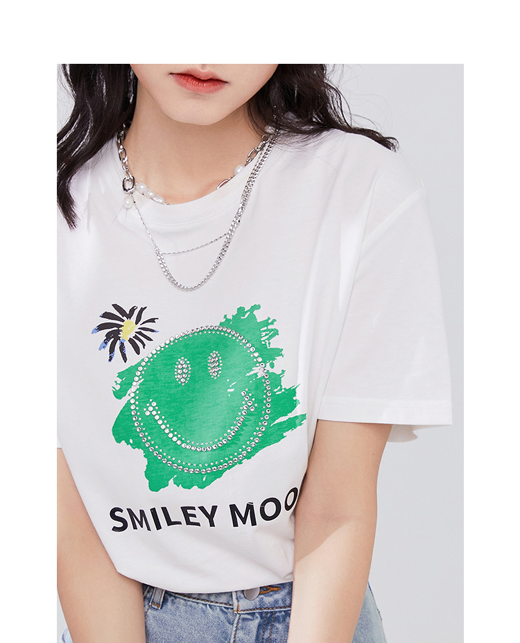 【smiley联名】红袖宽松t恤夏季2021新款女装字母印花烫钻圆领上衣 本