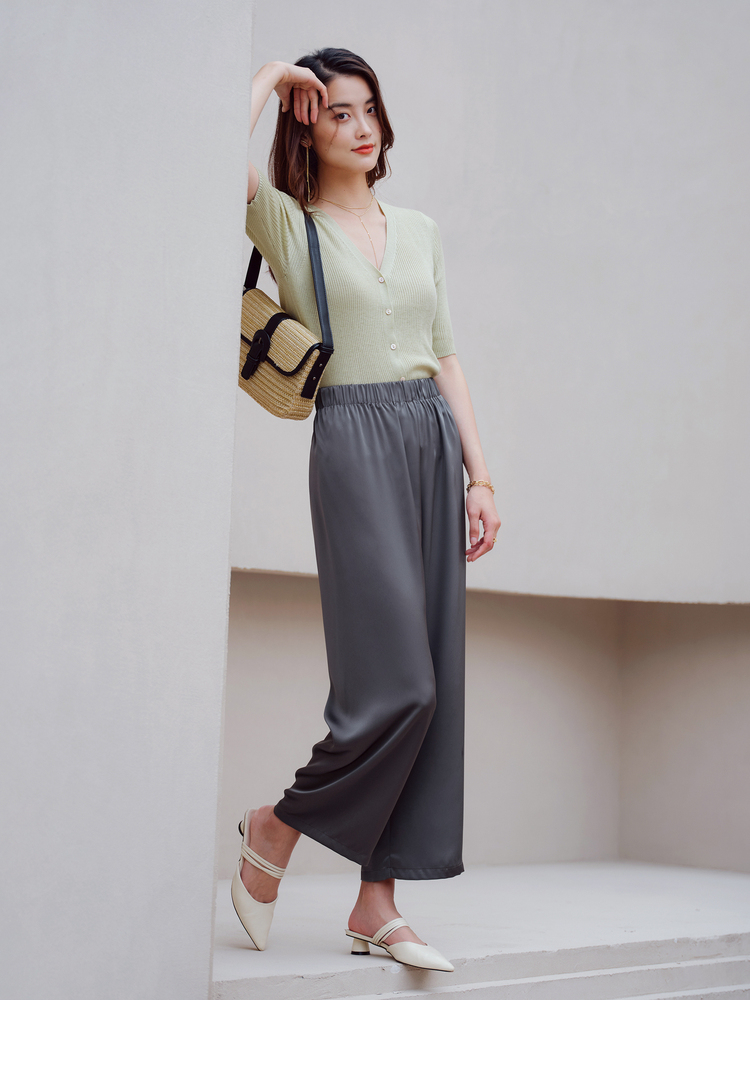 初棉 夏日清凉 光泽感缎面空气裤女高腰显瘦 薄款九分冰丝阔腿裤 杏仁