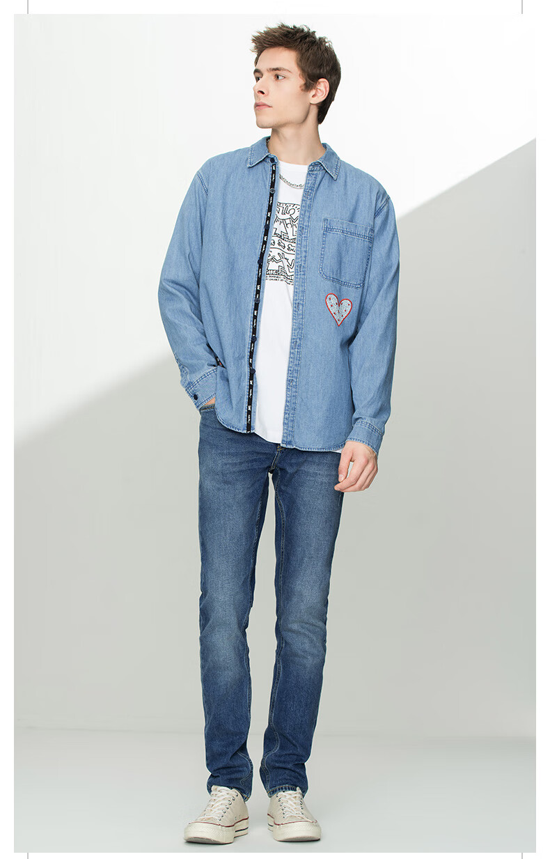 keithharing联名lee舒适版浅蓝色男牛仔衬衫lmt001398浅蓝色l