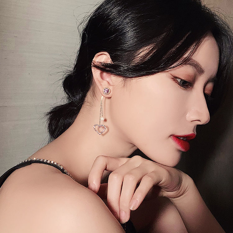 beauty爱心仿珍珠耳环女长款流苏耳链气质网红少女耳钉高级感耳饰 b