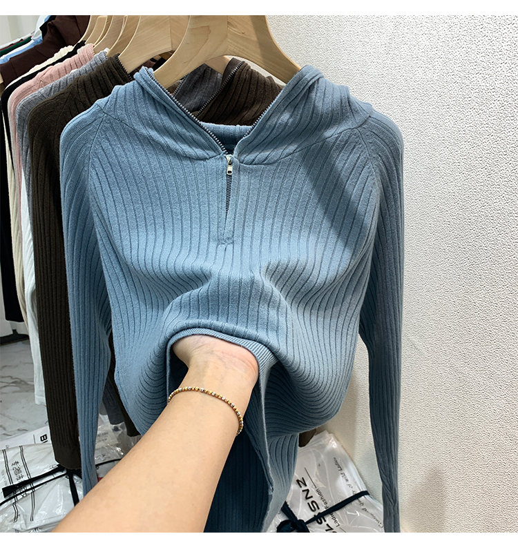 潮流欧货冰丝t恤女长袖2021秋装新款打底衫内搭连帽拼接针织衫上衣潮