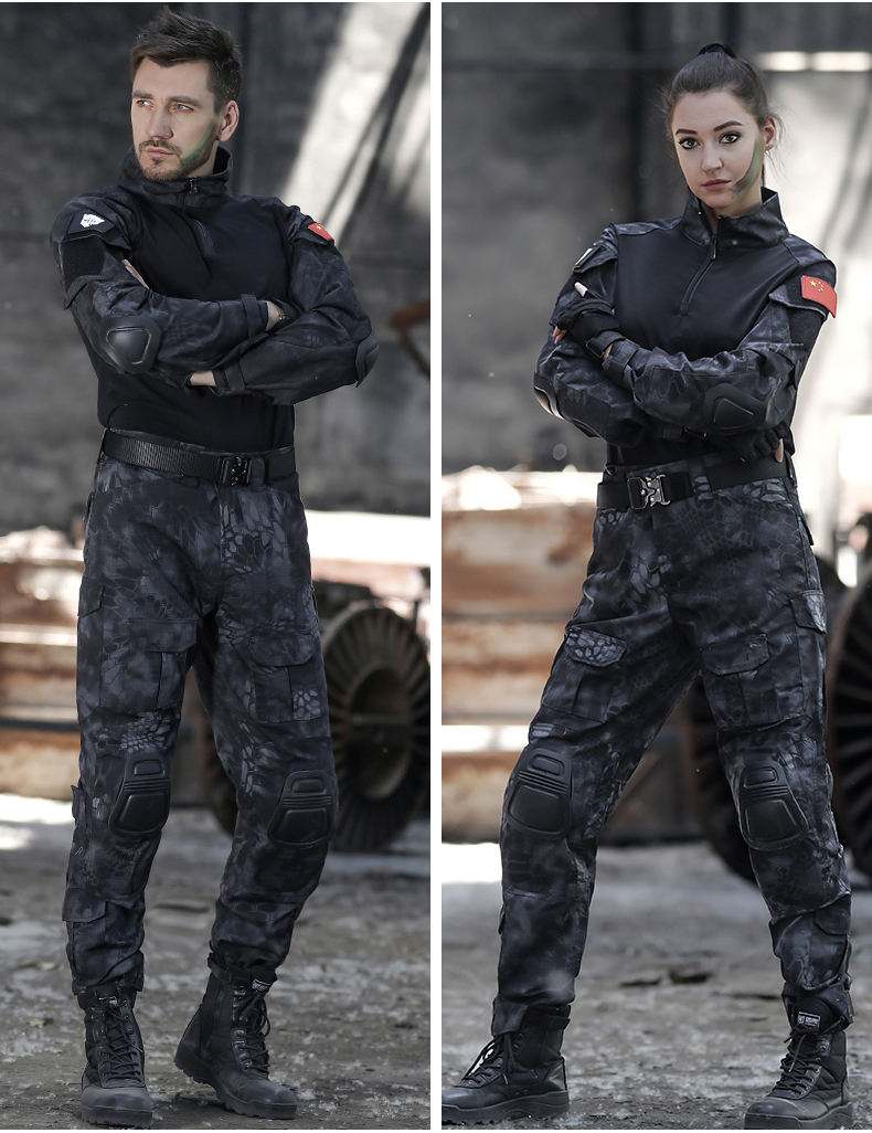 kangke户外cp迷彩服套装男春夏黑色蟒纹蛙服套装耐磨长袖军训服黑蟒纹