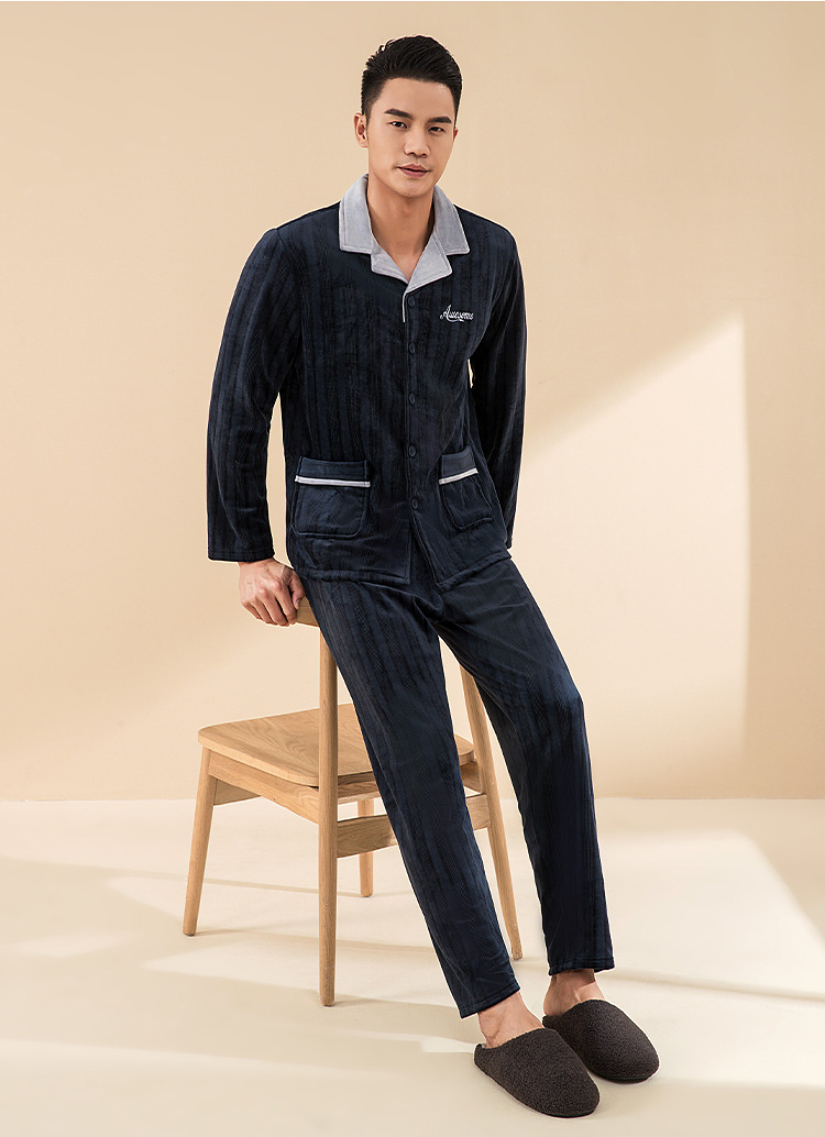 hla海澜之家男士长袖长裤贝贝绒套装撞色小翻领时尚睡衣男家居服hbajj