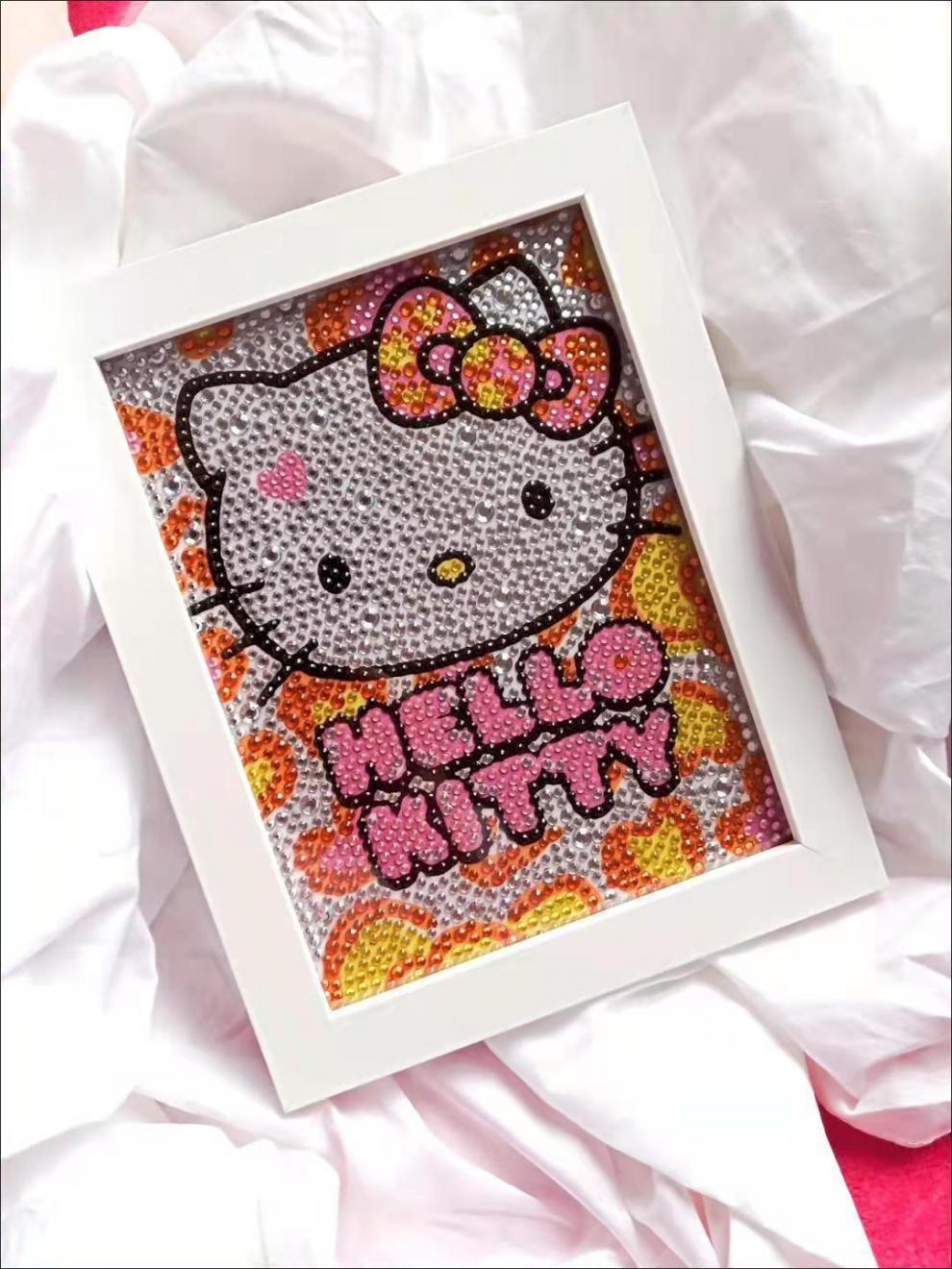 hellokitty钻石画满钻粉色带框儿童手工diy制作kitty猫生日礼物kt02