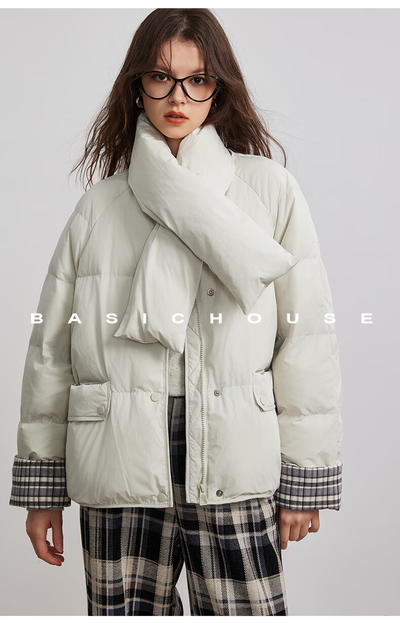 BASIC HOUSE/百家好韩系围围巾蓬松鸭绒外套卡其巾领羽绒服女2024冬季90白鸭绒蓬松外套 卡其绿 S（有围巾）详情图片30