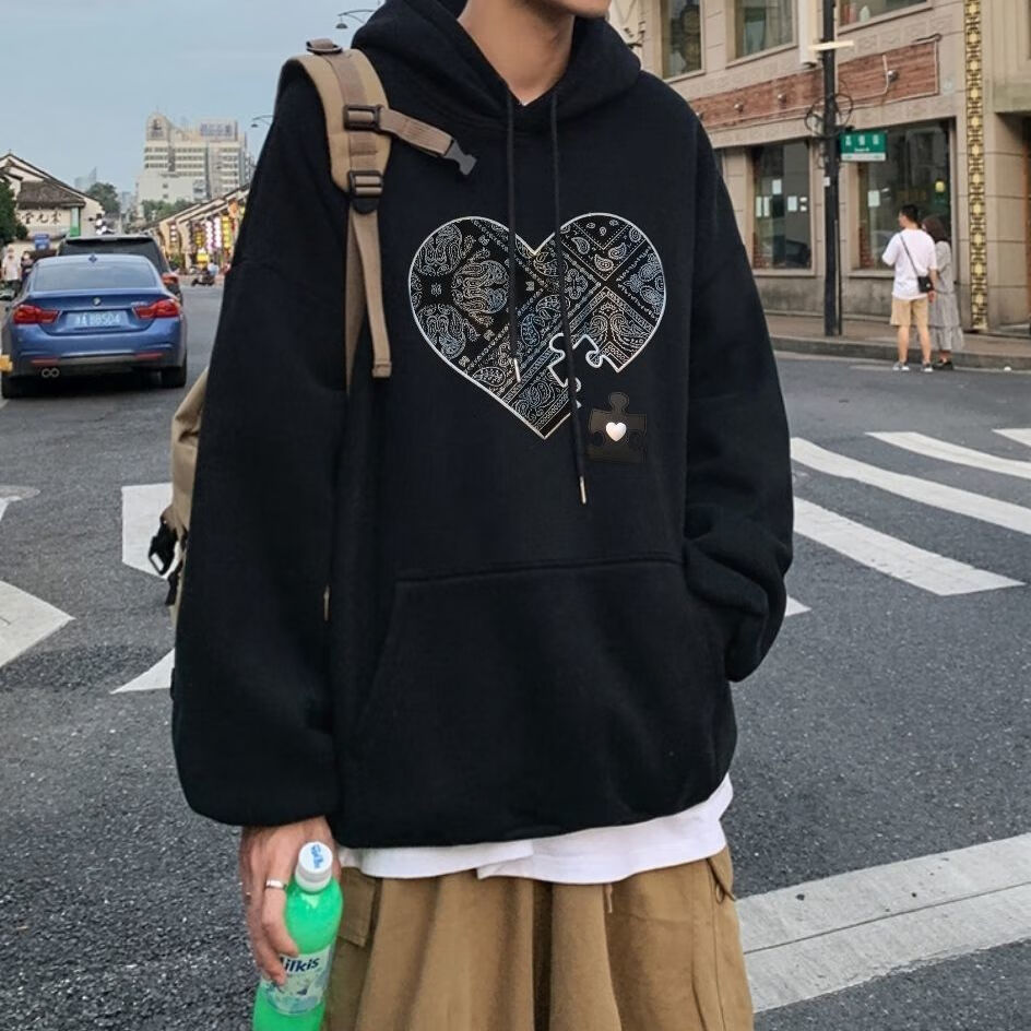 2021秋冬季连帽卫衣男潮流卡通印花休闲套头外套宽松袋鼠兜帽衫 黑桃