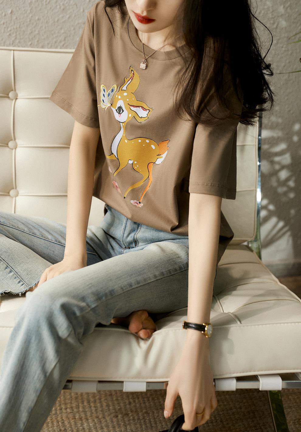 韩图朵2021新款夏装小鹿斑比刺绣印花短袖t恤女zj8065奶茶咖s