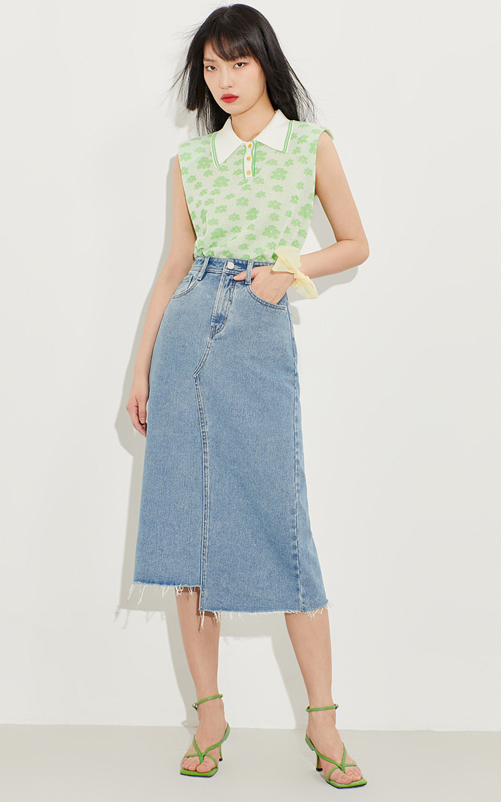 only2021冬季新款时尚高腰中长款不规则牛仔半身裙女121337017j32210