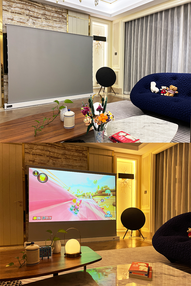 新尔菲涅尔 电动地升幕布 抗光家用地拉式拉线高清语音声控自动升降可