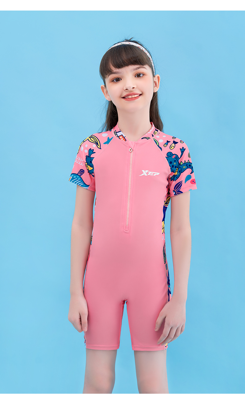 特步儿童泳衣连体女童2022新款小女孩夏季中大童专业训练游泳装备 粉