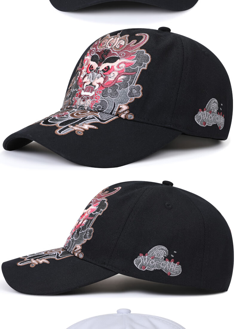 帽子男夏季3d龙刺绣老虎头潮牌中国龙鸭舌帽女硬顶国潮百搭棒球帽黑色