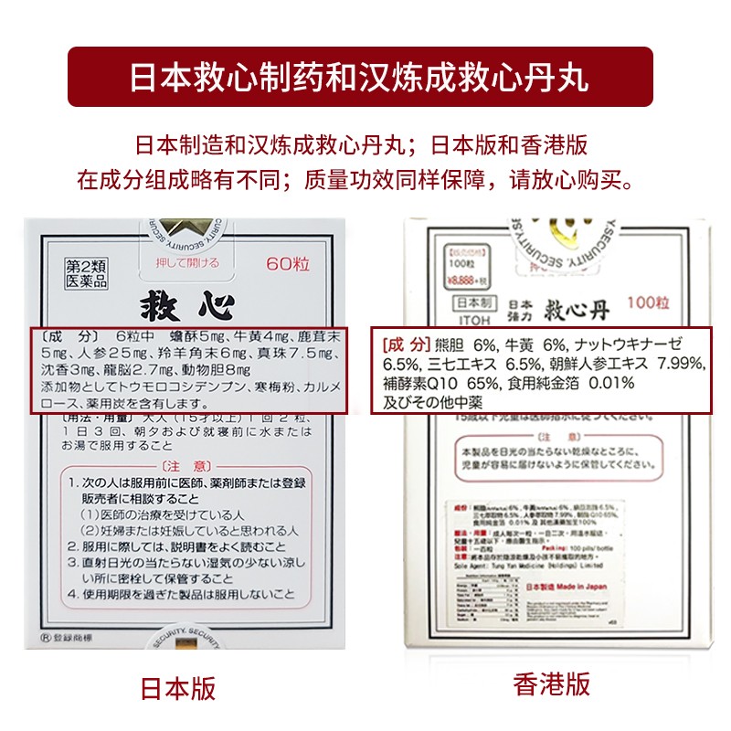 日本原装进口救心制药和汉炼成救心丹丸 日本心丹速效救心丸缓解头晕