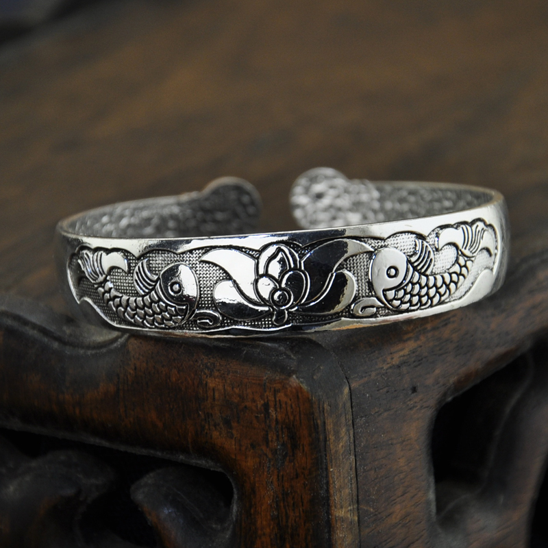 经典款复古雕刻双鱼莲花圆头开口苗泰银手镯民族风开运男女款银饰