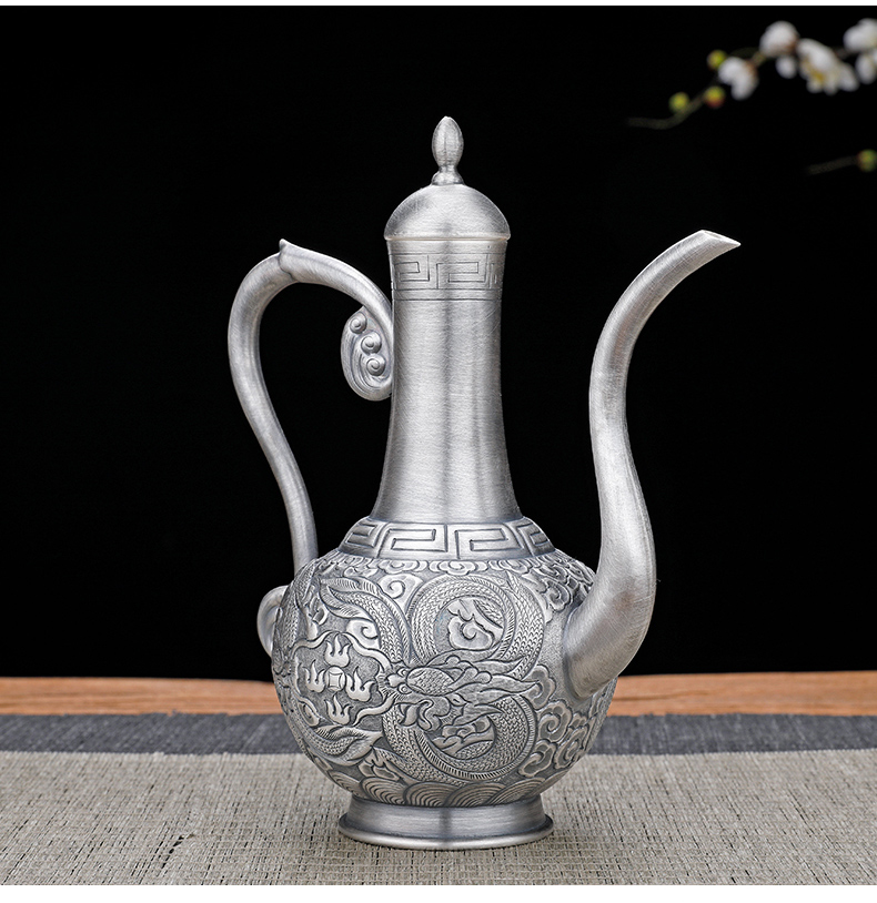 zysy知音岁月银酒壶999足银家用手工錾刻双龙戏珠复古中式足银酒具套