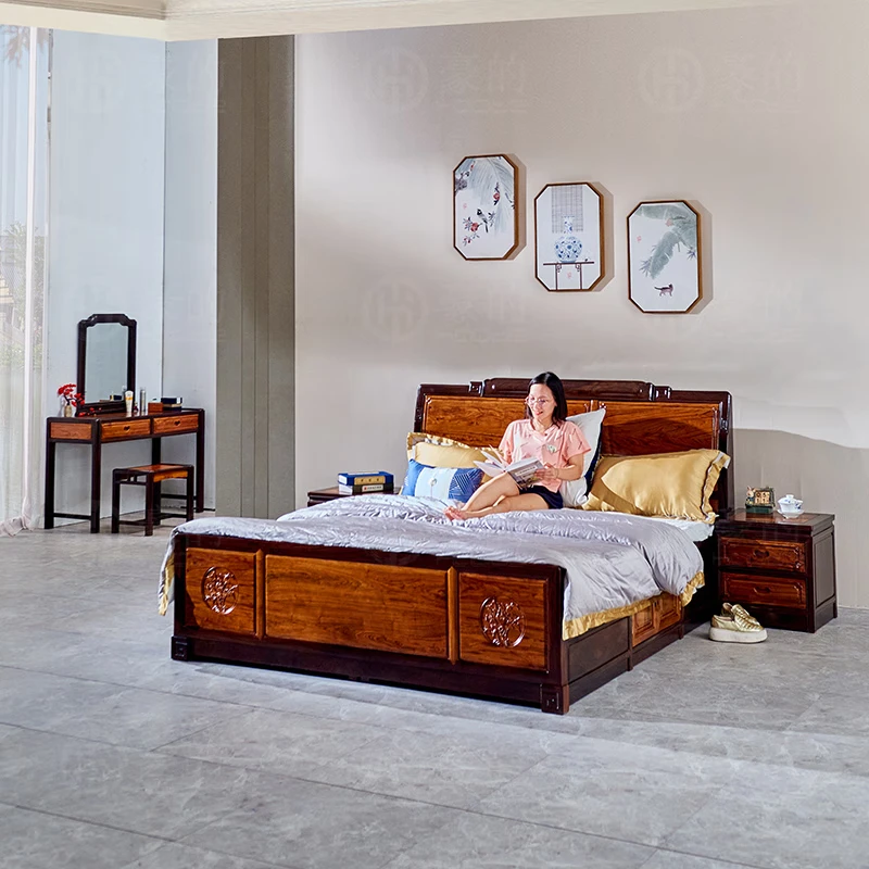 Hao S New Chinese Style Bed Solid Wood 1 8m Double Bedroom With Storage Carved Furniture Bedside Table 2 1800 2000mm Chinese Style Bed Solid Wood 1 8m, Asian Style King Size Bed
